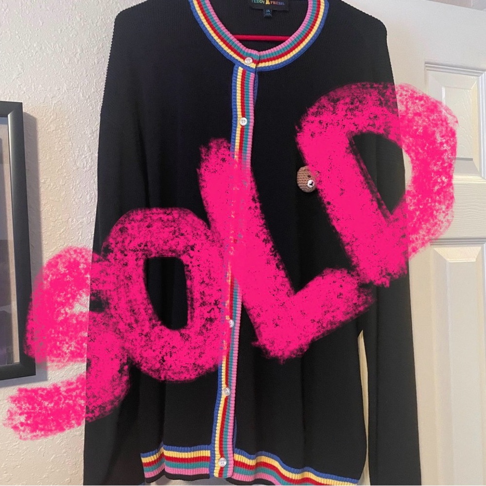 Teddy Fresh Black Cardigan with Rainbow Trim and Bear Patch NWT